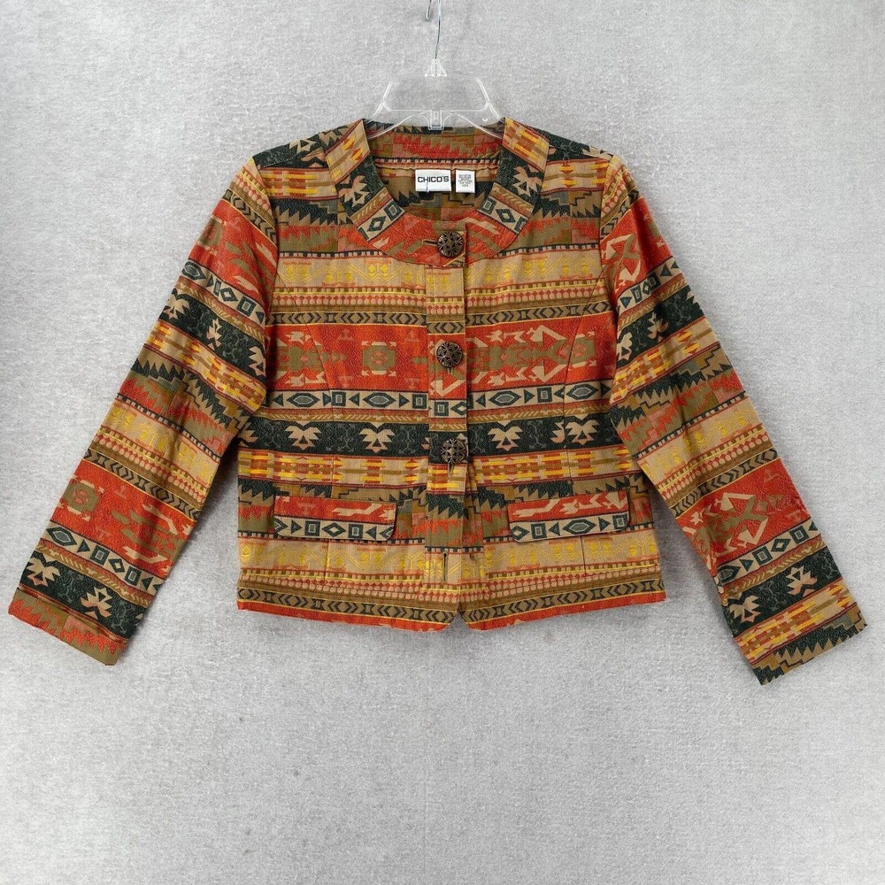 Chicos Jacket‎ Womens Size XS Cropped Aztec Print Tan Red Green Metal Buttons